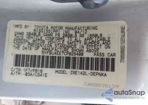 2012 Toyota Corolla Le from USA, damaged, VIN 5YFBU4EE7CP028400